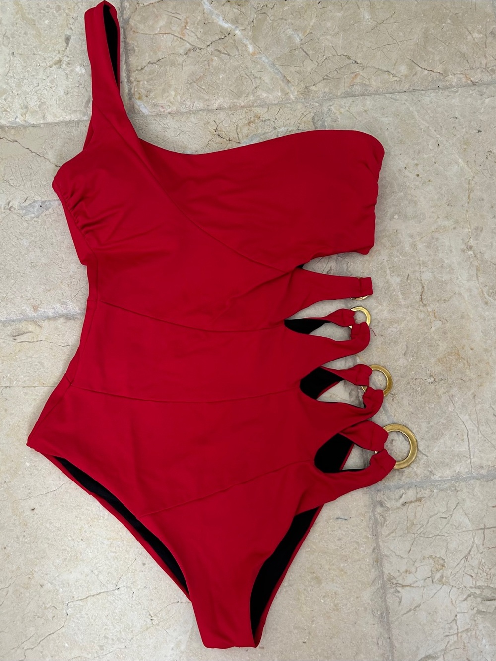 VENUS Red One Shoulder Swimsuit, Side Cut-Outs And Gold Metal Rings, Size 6, EUC